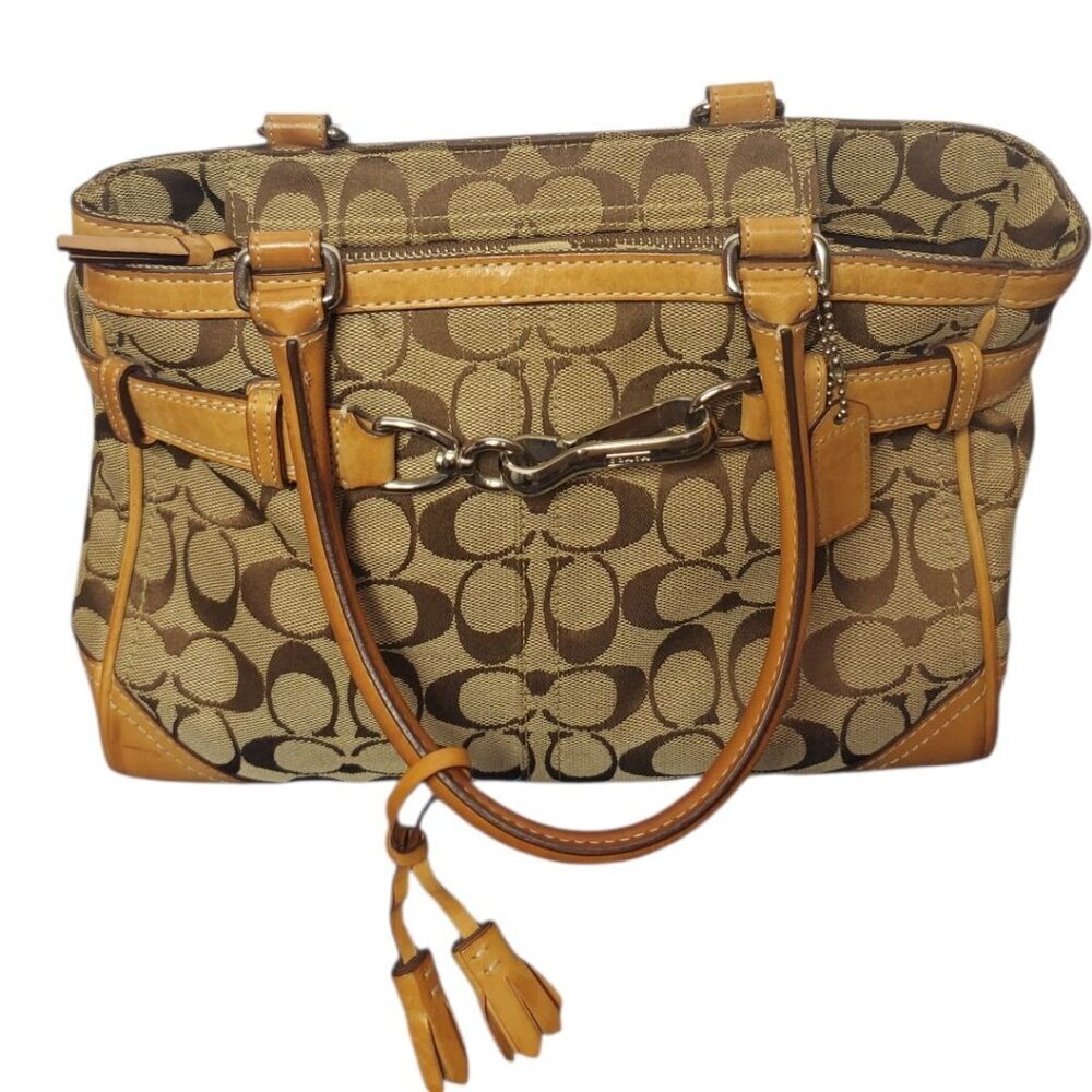 Coach Vtg Hampton Signature & Leather Satchel Bag W/Brass Hardware & Dual Handle - Picture 2 of 16